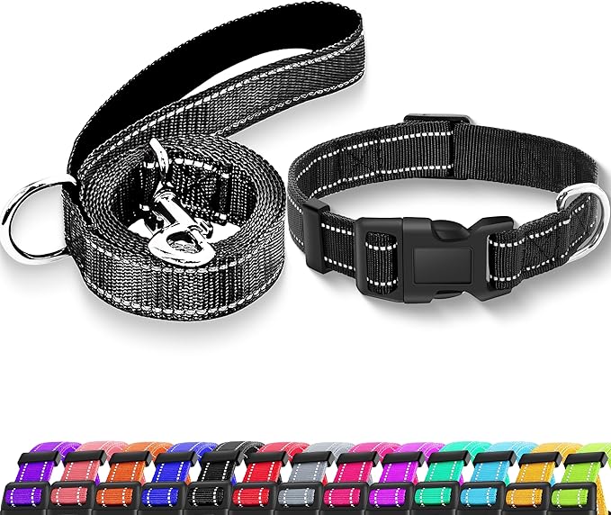 Reflective Dog Collar with Safety Locking Buckle, Adjustable Soft Breathable Nylon Collars for Small, Medium and Large Dogs(Collar+Leash L Black)