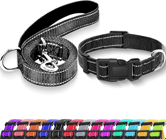 Reflective Dog Collar with Safety Locking Buckle, Adjustable Soft Breathable Nylon Collars for Small, Medium and Large Dogs(Collar+Leash S Width 3/4" Black)