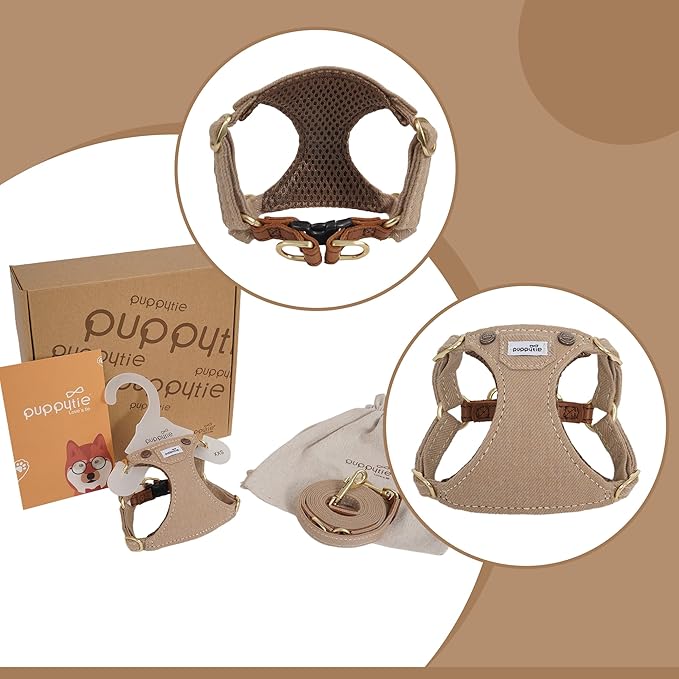 Puppytie No Pull xs Dog Harness with Multifunction Dog Leash,Soft Adjustable No Choke Escape Proof Pet Harness Vest,Denim Mocha Brown,XXS