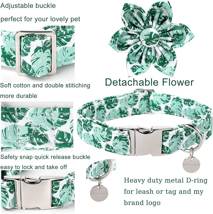 Summer Dog Collar, Comfortable Cotton Dog Collar with Flower for X-Large Dog Girl, Hawaiian Dog Collar with Metal Buckle,Green, XL