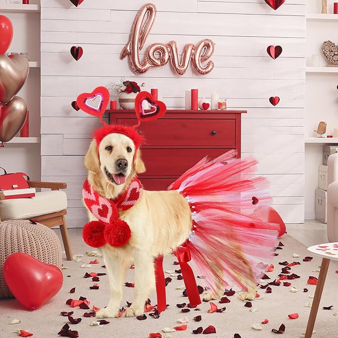 3 Pieces Valentines Day Dog Costume Set Including Red Love Headband Valentines Dog Tutu Dress Cute Pet Tutu Red Pet Scarf for Medium Animal Holiday Outfit Accessory