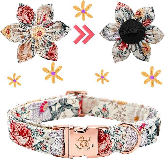 Elegant Little Tail Vintage Floral Dog Collar with Flower, Comfortable Adjustable Dog Collars for Small to Large Dogs