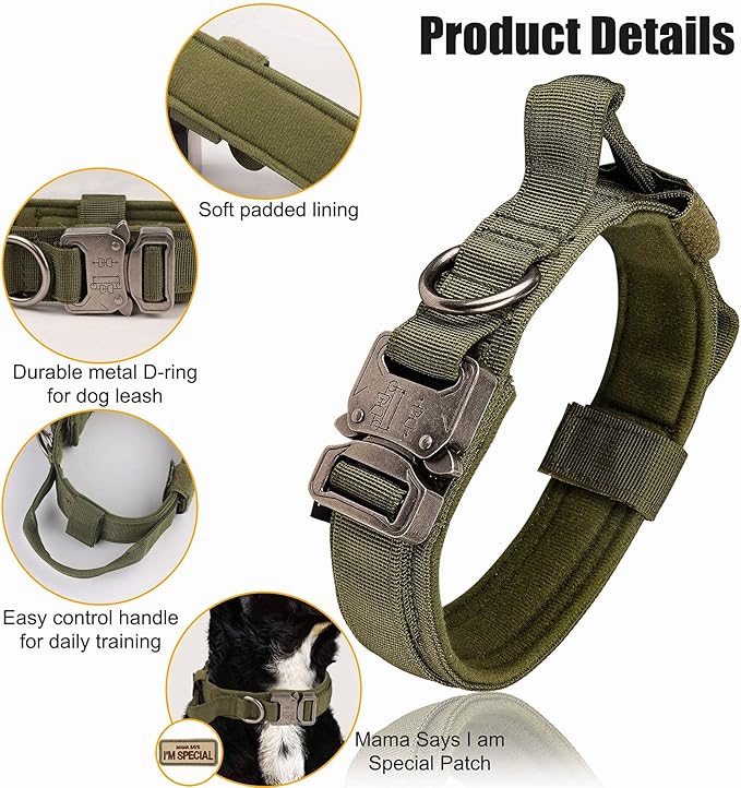 KCUCOP Tactical Dog Collar with Handle,Adjustable Military Dog Collar with Metal Buckle and Patches,Heavy Duty Dog Collars for Medium and Large Dogs (Militarygreen-L)