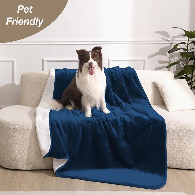 gogobunny Waterproof Bed Blanket, Reversible Sherpa Fleece Throw Blanket for Dog Puppy Cat, Furniture Cover Protects Bed Couch Sofa from Liquid Pee and Pet Fur (Navy Blue, 60x80 inches)
