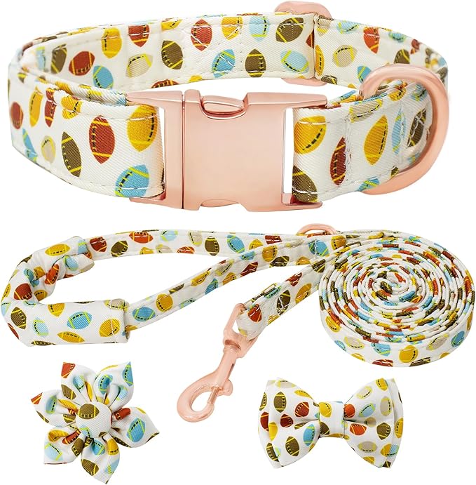 Dog Collar and Leash Set Girls Adjustable Puppy Collars with Floral Bow Tie for Small Medium Large Female Dogs, Rugby, XS