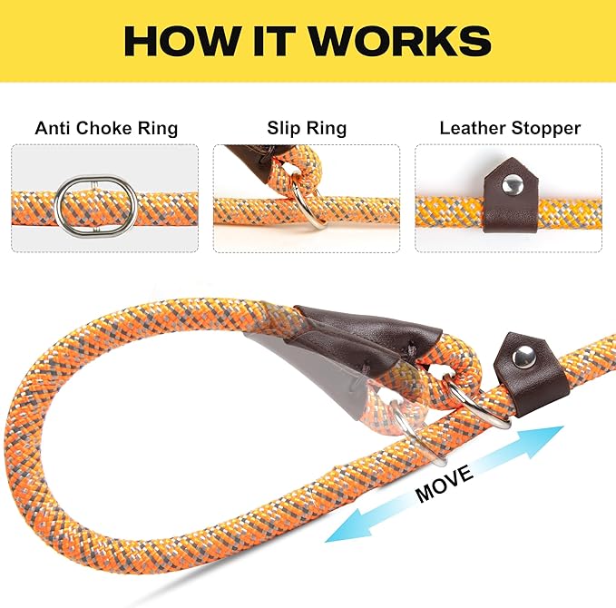 Fida Slip Leads for Dogs, 4 FT x 1/2" Dog Leash Heavy Duty Comfortable Strong Rope Leash for Large, Medium Dogs, No Pull Pet Training Leash with Highly Reflective,Orange