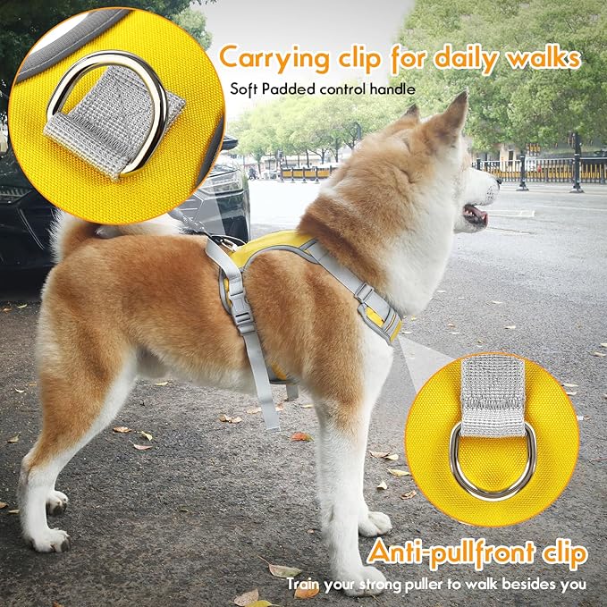 Dog Harness Adjustable Reflective Easy Control for Medium/Large Dog Harness with A Free Heavy Duty 5ft Dog Leash (Neck: 18,5"-25", Chest: 21"-27.9")(Yellow, Large)