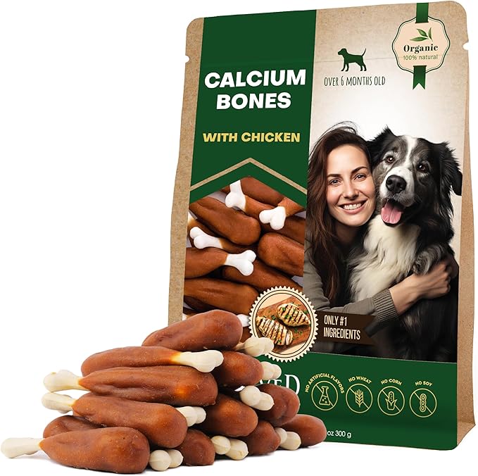 Dog Treats, Calcium Bones Wrapped Chicken & Rawhide Free Chew 11 Oz - Pet Healthy Dried Snacks & Grain Free Meat - Bulk Best Chews for Christmas, Training Small & Large Dogs - Made for USA