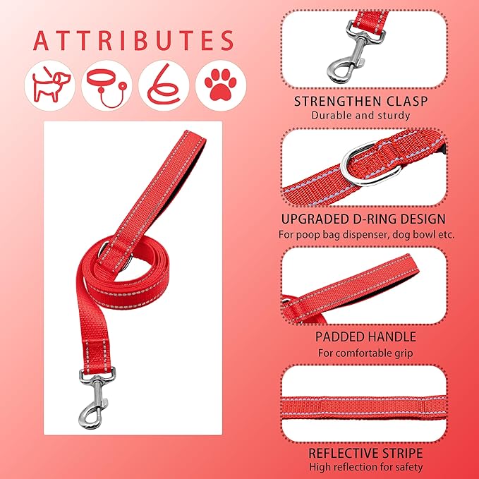 Reflective Dog Collar with Safety Locking Buckle, Adjustable Soft Breathable Nylon Collars for Small, Medium and Large Dogs(Collar+Leash M Red)