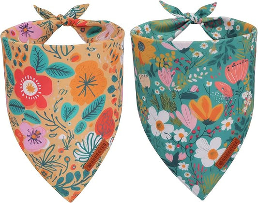 ADOGGYGO Floral Dog Bandana, Orange Green Flower Pet Scarf, Adjustable Fit Floral Bandanas for Extra Large Dogs Pets (X-Large)