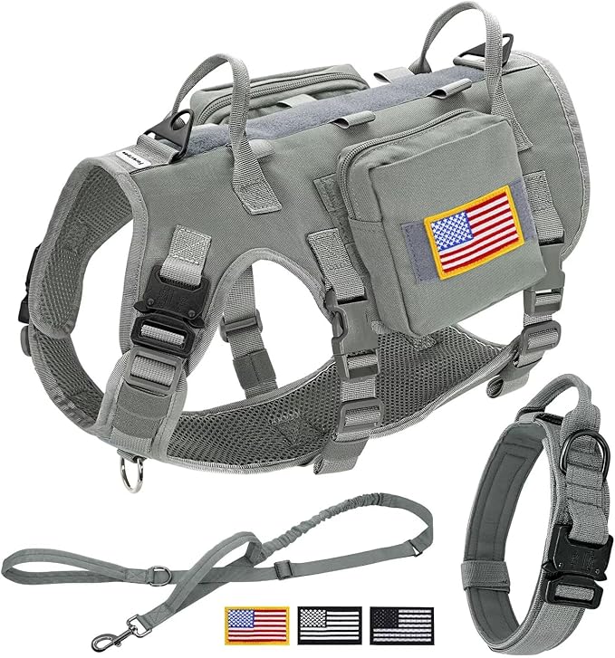 Forestpaw Tactical Dog Harness for Large Dogs,Tactical Dog Collar with Bungee Leash Set,No Pull Military Dog Harness for Walking Training,Adjustable for Medium Large Dogs,Gray,Chest 21.5-45"