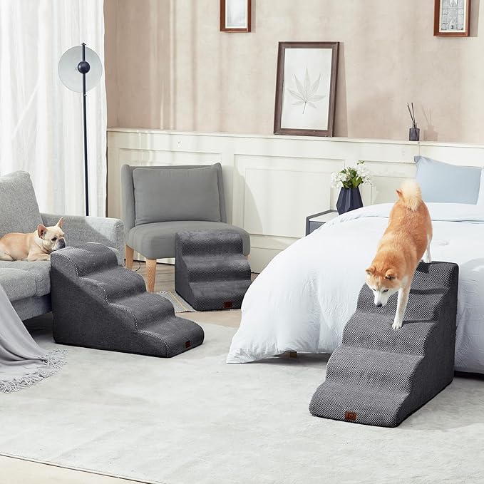 EHEYCIGA Curved Dog Stairs Ramp for High Beds 19.7" H, 4-Step Dog Steps for Small Dogs and Cats, Pet Stairs for High Bed Climbing, Non-Slip Balanced Pet Step Indoor, Grey