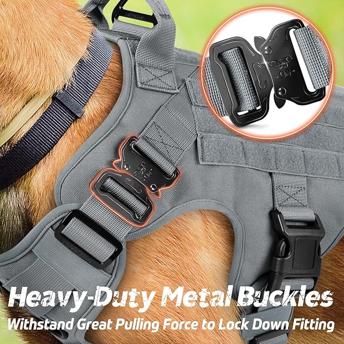 rabbitgoo Tactical Dog Harness for Large, Heavy Duty Pet Harness with Handle, No-Pull Service Vest Large Breed, Adjustable Military Dog Vest for Training Hunting Walking, Grey, XL