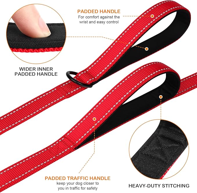 Joytale Dog Leash Heavy Duty for Large Dogs That Pull, Double Handle for Traffic Control, Double-Sided Reflective Leashes for Large Medium Dogs Night Safety, 4FT, Red