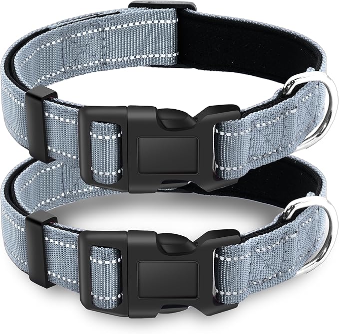 2 Pack Reflective Dog Collar with Safety Locking Buckle, Adjustable Soft Breathable Comfortable Nylon Pet Collar for Small, Medium and Large Dogs, Gray, XL