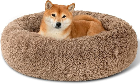 Dog Calming Beds for Small Medium Large Dogs - Round Donut Washable Dog Bed, Anti-Slip Faux Fur Fluffy Donut Cuddler Anxiety Cat Bed(36" Khaki)