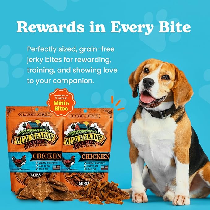 Wild Meadow Farms - Classic Chicken Bites, Soft Jerky Treats for Dogs, Grain-Free & All-Natural, Ideal for Training, Portioning, and High-Value Rewards for All Breeds & Ages - 3.5 Ounce Pouch