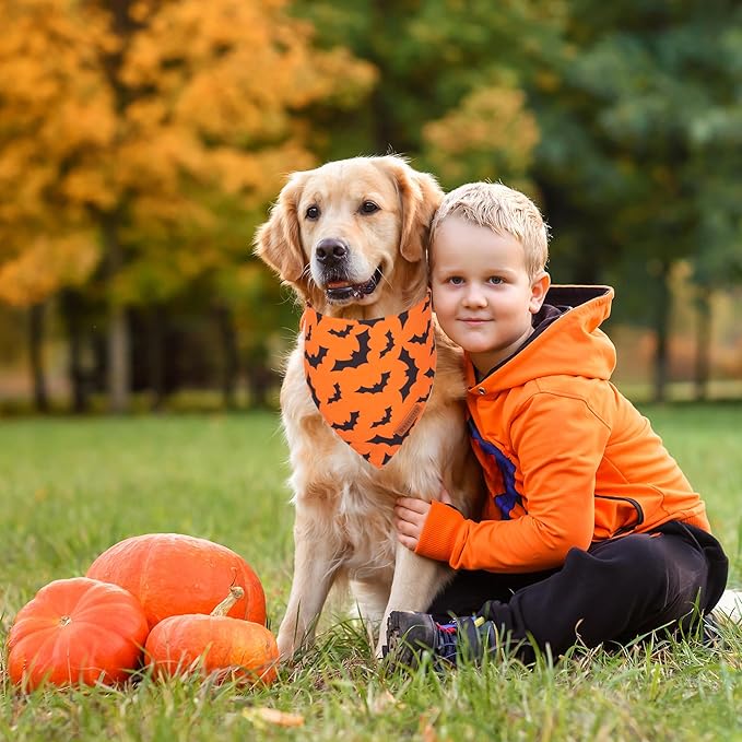 ADOGGYGO Halloween Dog Bandana, Pumpkin Bat Pet Scarf, Premium Durable Fabric, Orange Black Halloween Bandanas for Large and Extra Large Dogs Pets (X-Large)