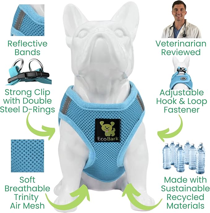 EcoBark Step in Dog Harness - Eco-Friendly Dog Harnesses for for Small & Medium Breed Dogs - Reflective and Adjustable Chest Body Halter Vest -Soft Luxurious Mesh (Baby Blue, XL)