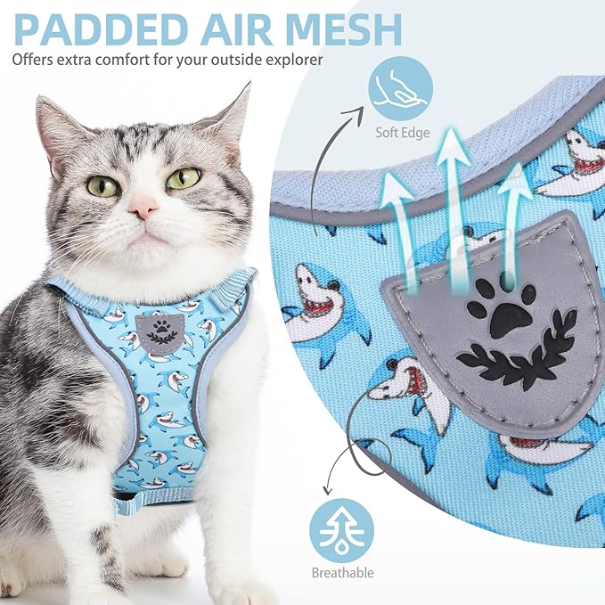 PUPTECK Cat Harness and Leash Set Escape Proof Reflective Cat Walking Harness Adjustable Soft Breathable Mesh Vest for Small Pets, Blue Sharks, S