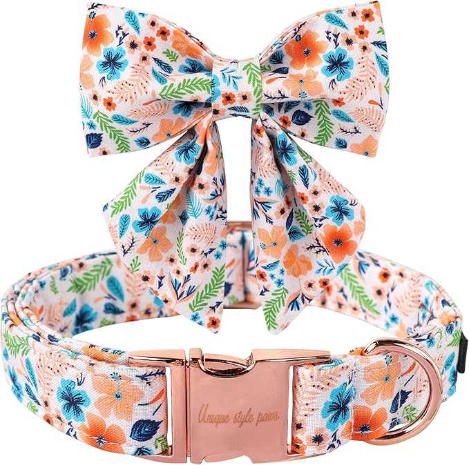 Unique Style Paws Cotton Dog Collar with Bow Floral Plaid Colorful Dog Collar with Bow Tie for Small Medium Large Dogs Pets Gifts