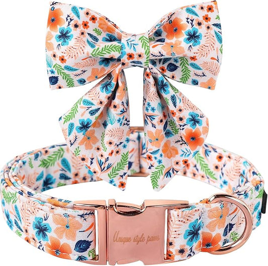 Unique Style Paws Cotton Dog Collar with Bow Floral Plaid Colorful Dog Collar with Bow Tie for Small Medium Large Dogs Pets Gifts