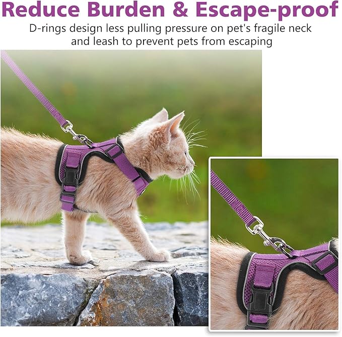 Dooradar Cat Harness and Leash Set, Escape Proof Safe Adjustable Kitten Vest Harnesses for Walking, Easy Control Soft Breathable Mesh Jacket with Reflective Strips for Cats, Purple, M