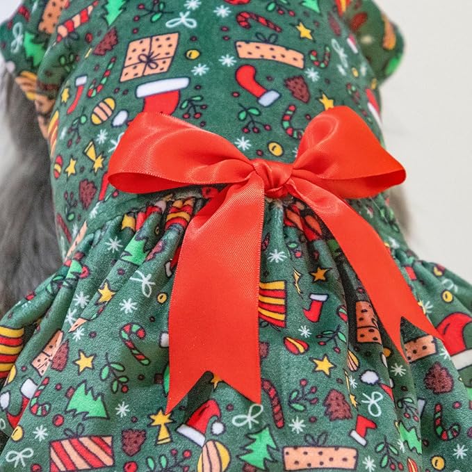 CuteBone Christmas Dog Dresses Outfit Velvet Holiday Small Dogs Clothes Onesie Pet Apparel Girl Puppy Skirt with Bow Hair Rope CVA33L