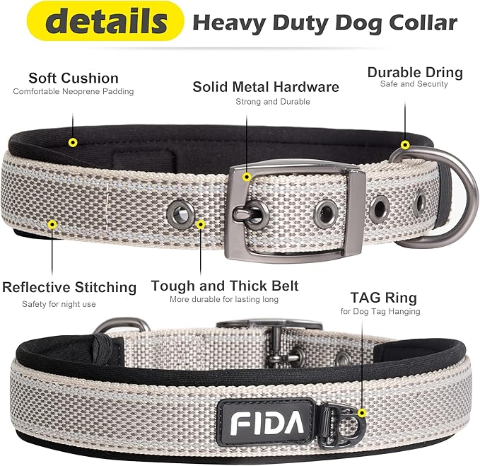 Fida Heavy Duty Dog Collar, Ultra Comfortable Soft Neoprene Padded, Adjustable Reflective Nylon Pet Collar with Durable Metal Belt Buckle for Large Breeds (L, Grey)