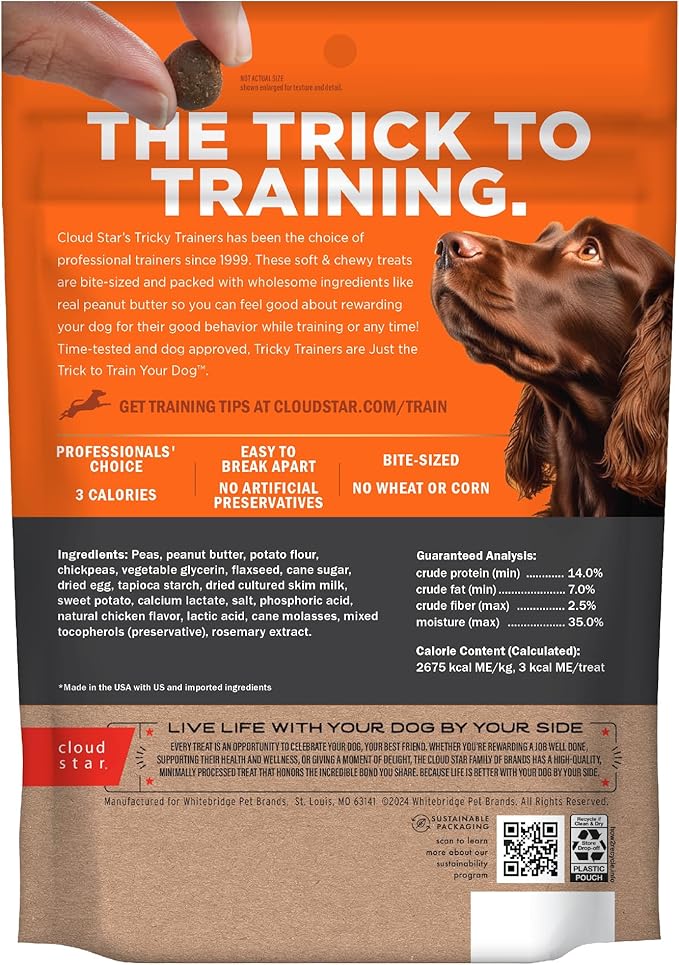 Cloud Star Tricky Trainers Soft & Chewy Dog Training Treats 12 oz. Pouch, Peanut Butter Flavor, Grain-Free Low Calorie Behavior Aid with 310 treats