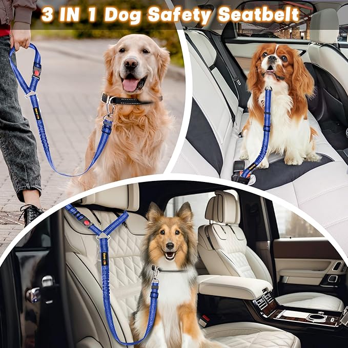 Dog Seat Belt Harness for Car, Dog Car Leash with Car Headrest & Buckle, Reflective Short Dog Leash, Pet 15 Inch Heavy Duty Leash for Dogs with Padded Handle & Locking Carabiner Clip, Ryoal Blue