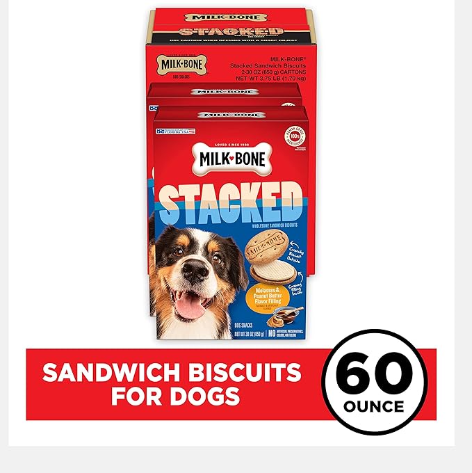 Milk-Bone Stacked Dog Treats, 30 Ounce (Pack of 2), Crunchy Biscuit with Molasses and Peanut Butter Creamy Filling