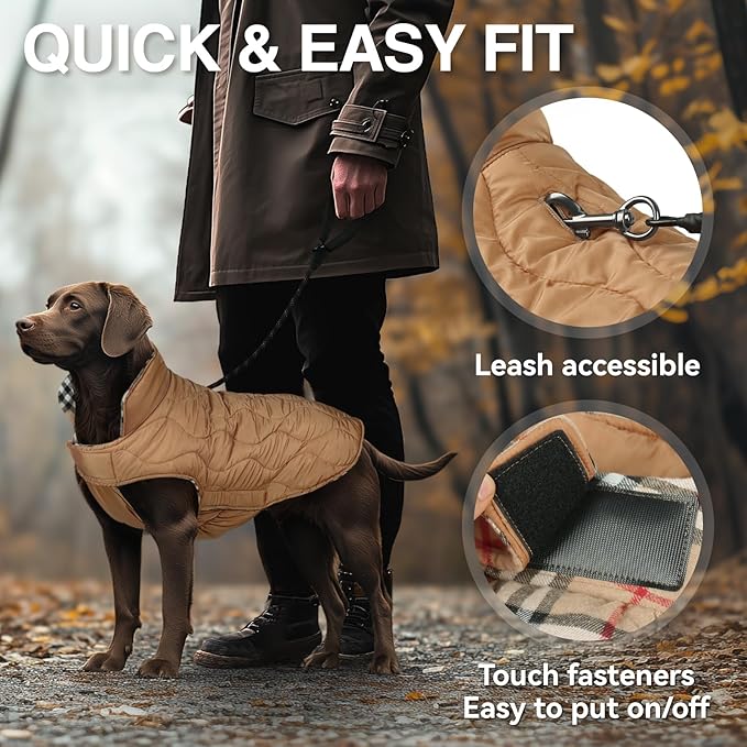 VIVAGLORY SoftJoy Dog Winter Coat - British Style Plaid Jacket Vest Apparel for Cold Weather - Heavy Duty Snow Warm Cozy Reversible Outdoor Accessories - S Khaki