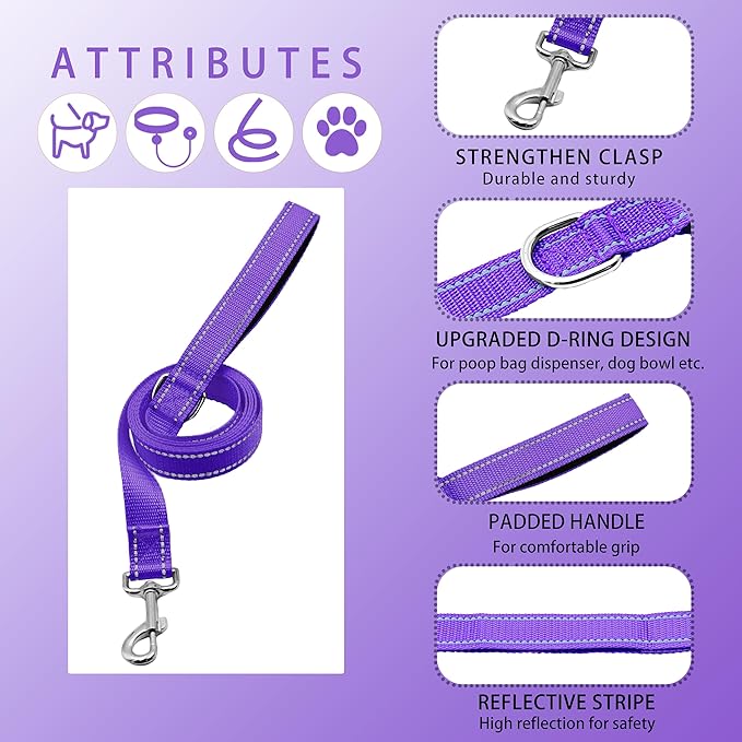 Reflective Dog Collar with Safety Locking Buckle, Adjustable Soft Breathable Nylon Collars for Small, Medium and Large Dogs(Collar+Leash XL Purple)