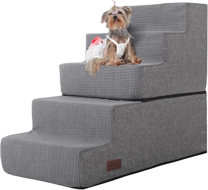 5-Step Dog Stairs for High Beds, Non-Slip Pet Steps for Small Dogs & Cats, Grey Linen, 22.6" H