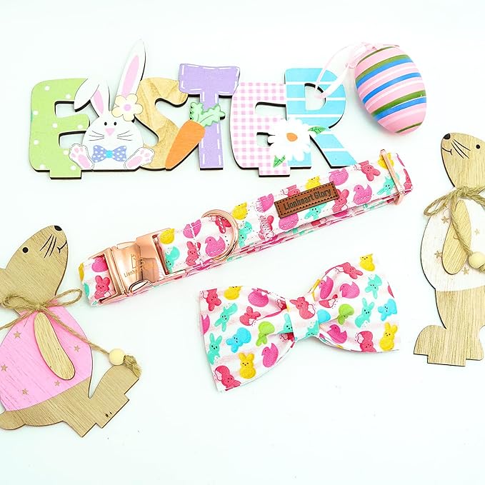 Lionheart glory Dog Bow Collar Easter Day Dog Collar for Large Dogs,Easter Rabbits Colorful Dog Collars with Bowtie Spring Bunnies Blue Collars Pet Collar Bows