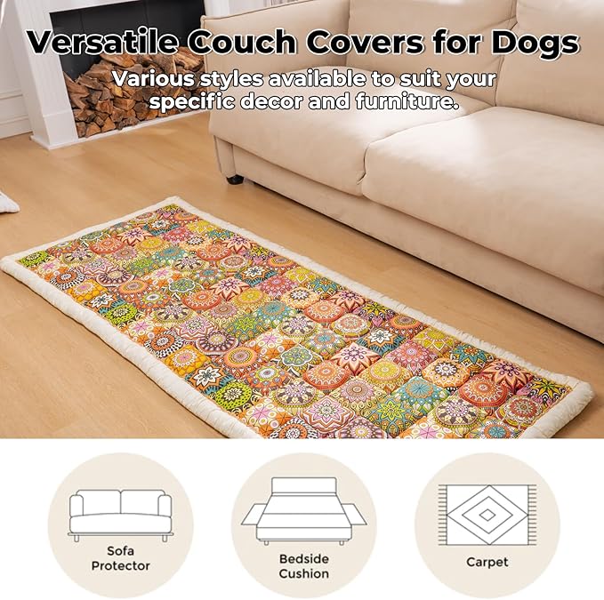 FUNNY FUZZY Pet Couch Covers for Sofa, Couch Covers for Dogs Washable Dog Couch Cover Protector Furniture Sofa Covers for Dog Handmade Pure Cotton Pet Bed Mat (Bohemia, 27.6"×70.9")