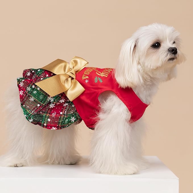 Fitwarm Merry Woofmas 100% Cotton Dog Christmas Outfits Girl Dog Holiday Dress Lightweight Doggie Costume Puppy Clothes Pet Apparel with Bowknot Cat Clothing Red Large