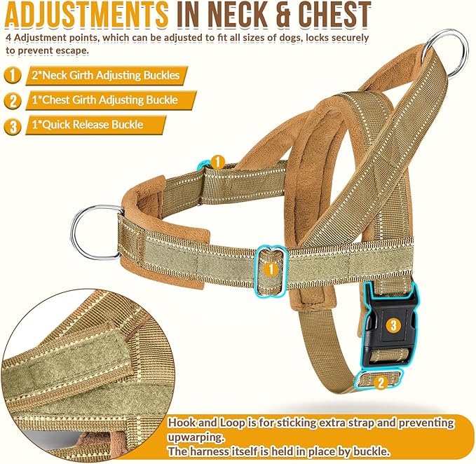 SlowTon No Pull Dog Harness - Heavy Duty Dog Harness and Leash Set for Medium Large Dogs, Reflective Tactical Harness with Soft Padded and Front Clip for Easy Walk and Training (Tan XL)