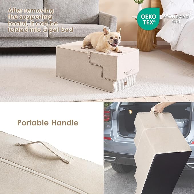 EHEYCIGA Dog Stairs for High Bed 22.5”H, 5-Step Dog Steps for Bed, Pet Steps for Small Dogs and Cats, Non-Slip Balanced Pet Ramp Indoor, Beige