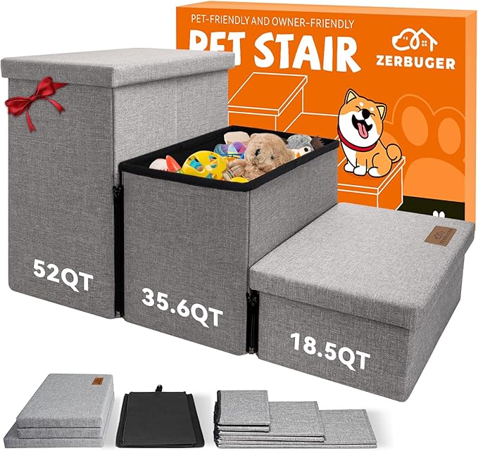 Dog Stairs with Storage 18" H, 3-Step Wider Dog Steps for Large/Medium/Small Older Dogs Cats, Folding Sturdy Pet Stairs Climbing Bed or Couch, Ramp for Car Up to 200 lbs, Smok Gray, No Condo
