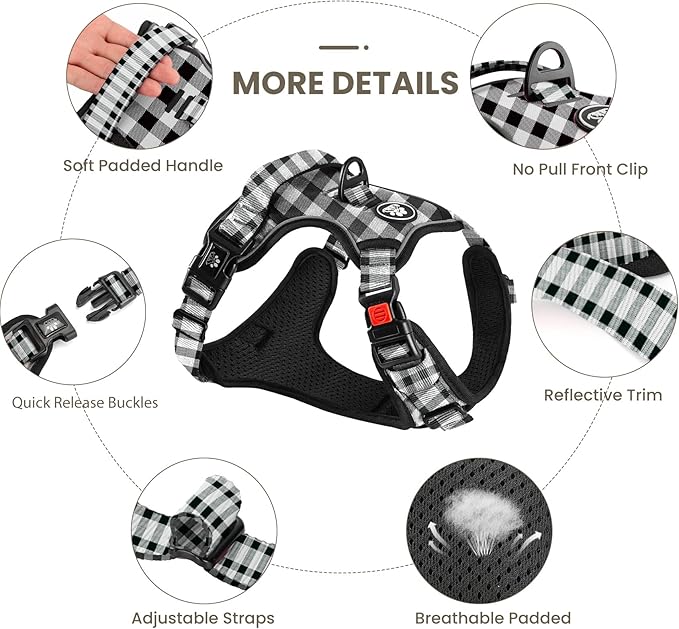 FURRYFECTION Plaid Dog Harness for Small Dogs | No Pull Reflective Pet Harness | No Choke Adjustable Dog Vest Harnesses | with Leash | Easy Control Handle | Front Lead | Seat Belt | Black&White | S