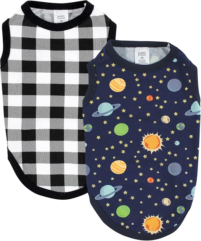 Luvable Friends Dog Pet Dog and Cats Cotton T-Shirts 2pk, Space Plaid, Large