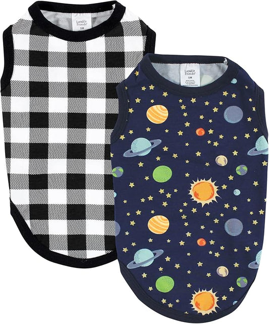 Luvable Friends Dog Pet Dog and Cats Cotton T-Shirts 2pk, Space Plaid, Large