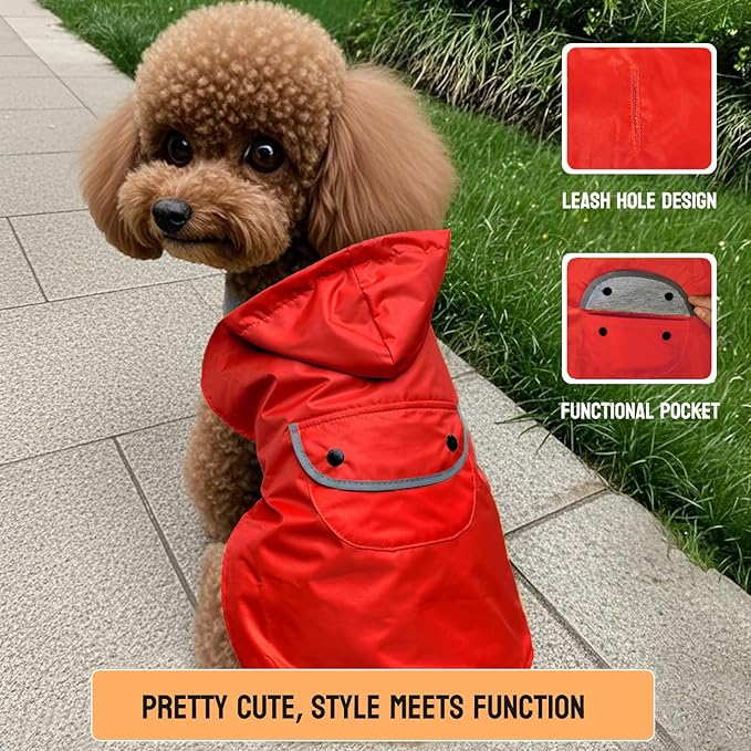 Small Dog Raincoat Rain Jacket for Puppy Dogs Reflective Lined Breathable Poncho Rainwear Waterproof Pet Clothes Pocket Hooded Leash Hole Adjustable,Red,XS,Back Length 6.3 Inch