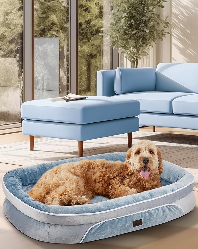 OhGeni Orthopedic Big Dog Couch X-Large Sized Pet Beds for Fathers Gifts with Comfort Foam Support, Soft Indestructible Fabric, Machine Washable Waterproof Removable Cover, 42-Inch (Washed Blue)