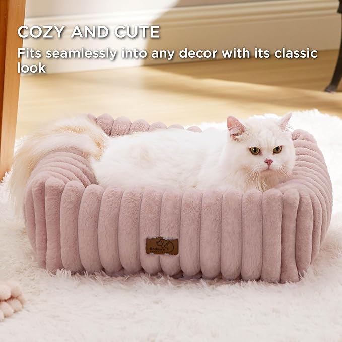 Bedsure Cute Dog Bed for Small Dogs & Cats - Washable Furry Puppy Beds, Rectangle Orthopedic Corduroy Fleece Pet Beds with Removable Zipper Cover, 20x19x6inches, Blush Pink