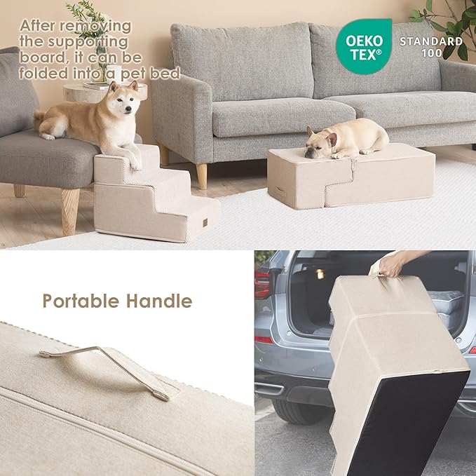 EHEYCIGA Dog Stairs for Bed 18”H, 4-Step Dog Steps for High Bed, Pet Steps for Small Dogs and Cats, Non-Slip Balanced Pet Ramp Indoor, Beige