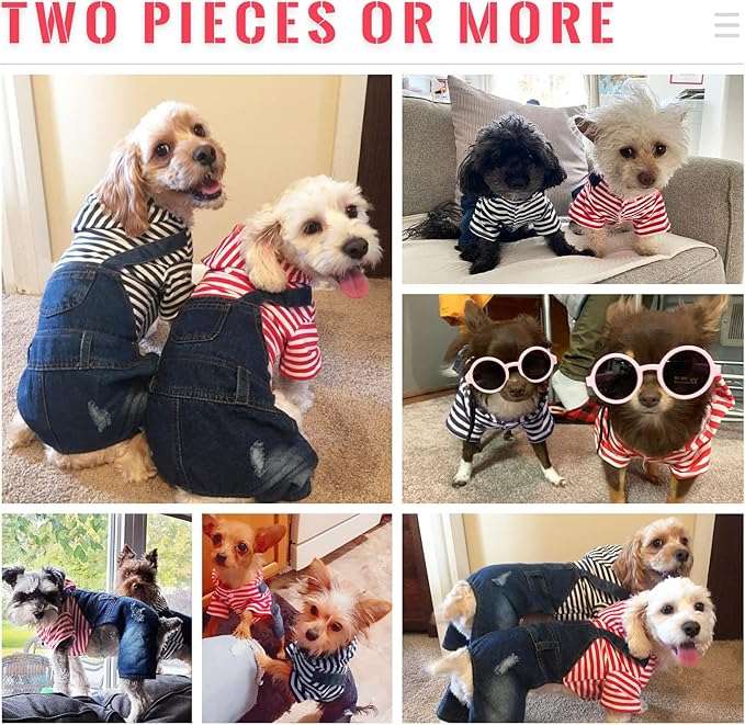 Small Dog Hoodie Clothes Cute Stripe Shirts Denim Jumpsuit One-Piece Outfit for Small Medium Dogs Cats Boy Girl Chihuahua Blue Jeans Overalls Puppy Costume (Red,XS)