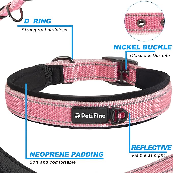 PetiFine Neoprene Padded Dog Collar, Heavy Duty Comfort Dog Collar with Durable Metal Buckle, Reflective Adjustable Belt Buckle Dog Collars for Small Medium Large Dogs(14.5''-19'', Pink)
